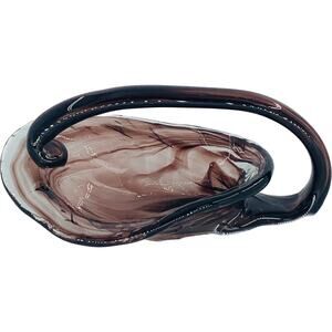 Murano Style Art Glass Candy Basket Dish Brown Clear Handle Hand Blown Collect